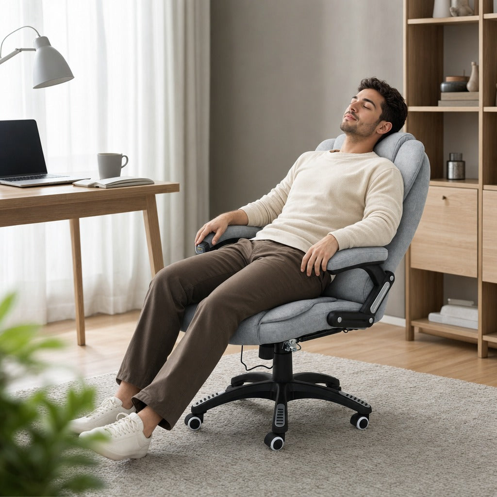 Cadeira de Massagem com 6 Pontos de Massagem Cadeira de Escritório Reclinável até 125° com Função de Aquecimento Altura Ajustável e Rodas para Estúdio 65x71x110-120 cm Cinza — Ambiente | Lifestyle