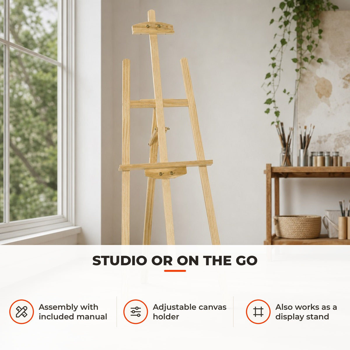 Cavalete Pintura de Madeira Cavalete de Desenho Estúdio Inclinável 90° com Suporte Tripé e Pincel 51,5x71,5x134,5cm Madeira Natural — Utilização | How to use