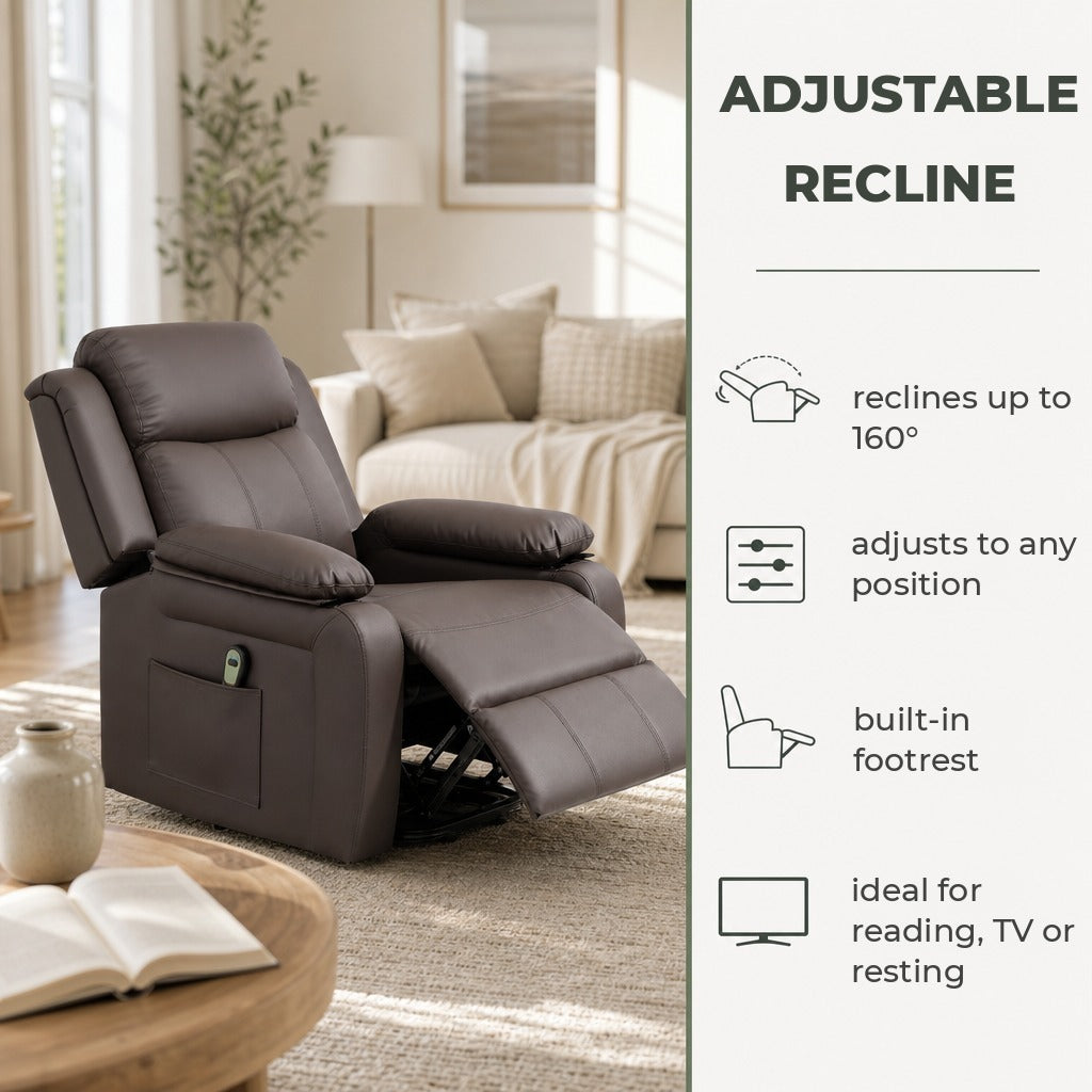 Poltrona Relax Levanta Pessoas com Controle Remoto Reclinação Elétrica de 160° Apoio para os Pés Encosto Estofado em PU e Bolsos Laterais 76x90x105 cm Castanho Escuro — Características | Features