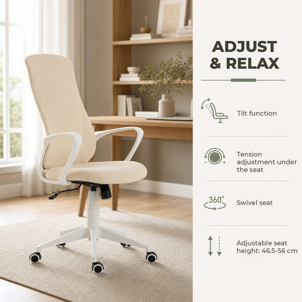 Cadeira de Escritório Giratória com Altura Ajustável Cadeira de Escritório Ergonómica com Apoio para os Braços Função de Inclinação e Encosto Alto 62x56x110-119,5 cm Bege — Características | Features