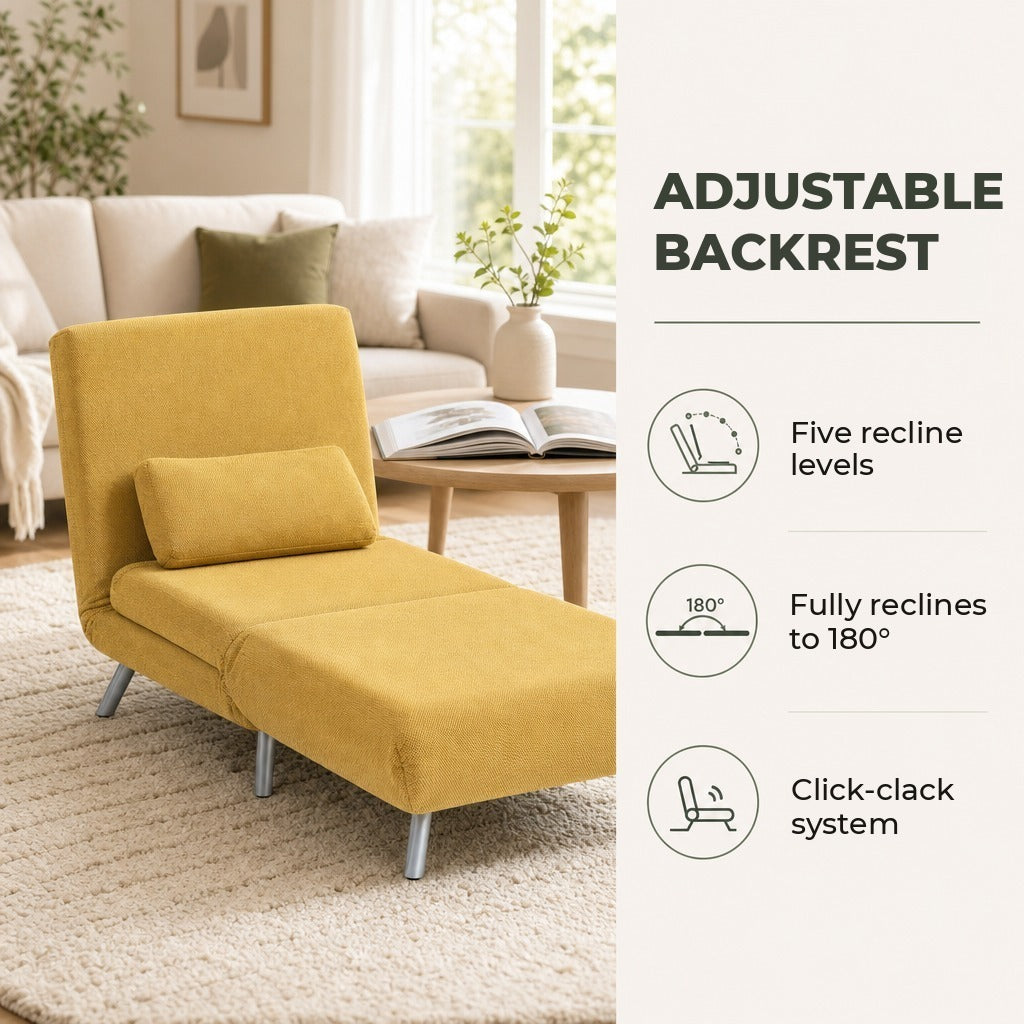 Sofá Cama de 1 Lugar 3 em 1 Sofá Dobrável Estofado em Tecido Amarelo Mesclado com Encosto Ajustável em 5 Níveis e Almofada para Escritório Quarto Sala 80x75x83 cm — Características | Features