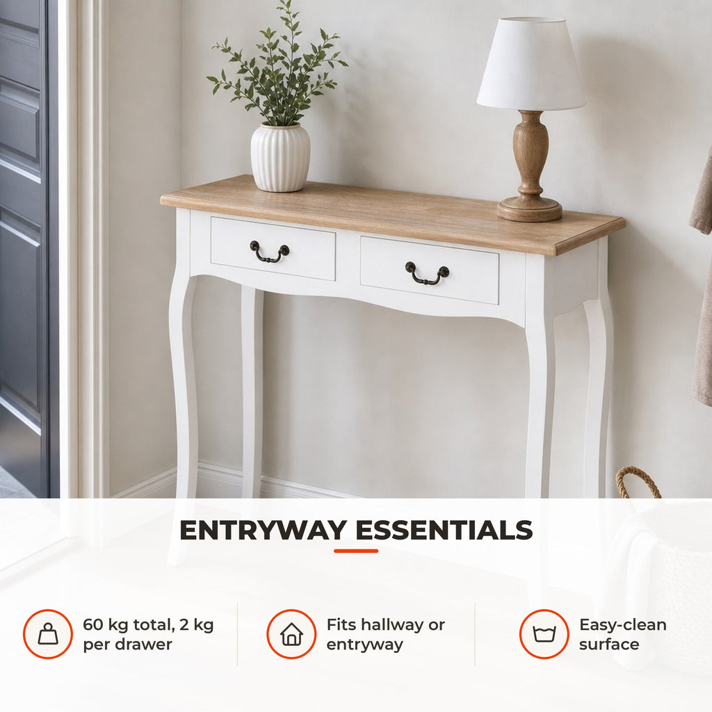 Mesa Consola Mesa Auxiliar com 2 Gavetas para Entrada Corredor Sala de Estar 87x34x78,5cm Branco e Madeira — Utilização | How to use
