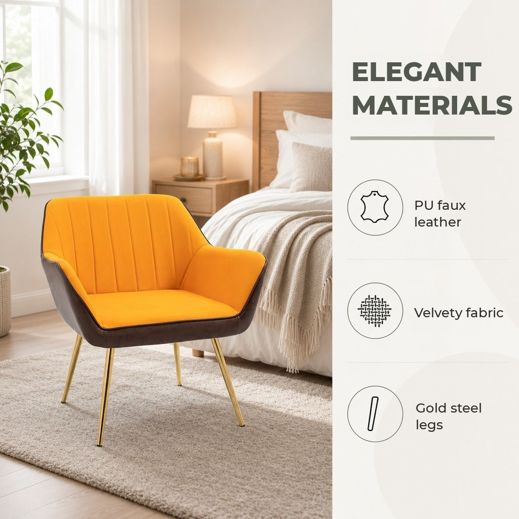Poltrona de Sala de Estar Estofada em Couro Sintético e Veludo com Apoios para os Braços Pés Dourados e Estrutura de Aço Poltrona para Dormitório Carga 120 kg 64x62x72,5 cm Amarelo — Características | Features