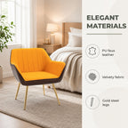 Poltrona de Sala de Estar Estofada em Couro Sintético e Veludo com Apoios para os Braços Pés Dourados e Estrutura de Aço Poltrona para Dormitório Carga 120 kg 64x62x72,5 cm Amarelo — Características | Features