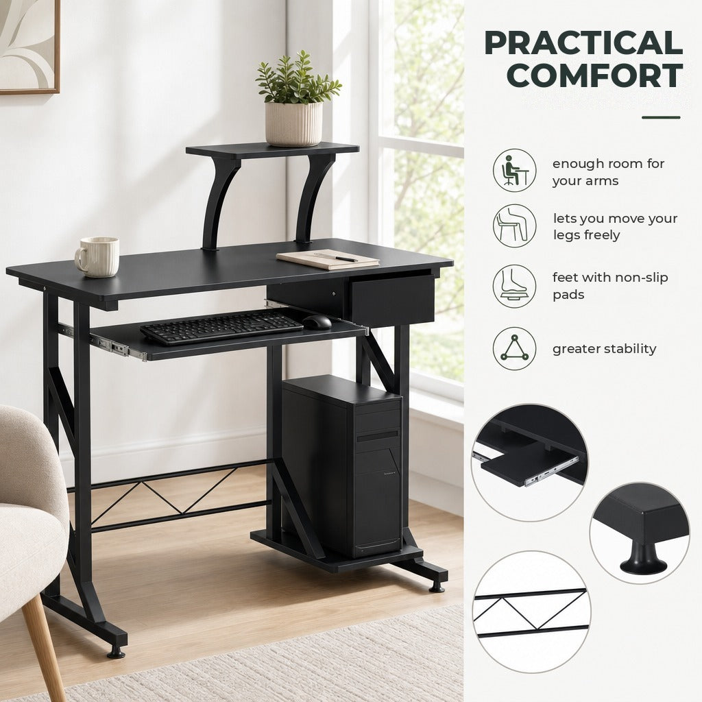 Mesa de Computador com 1 Gaveta Bandeja para Teclado e Suporte para CPU para Escritório Estúdio 90x50x95 cm Preto — Características | Features