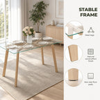 Mesa de Jantar Retangular Mesa de Cozinha Moderna para 6 Pessoas com Pernas de Aço e Superfície de Vidro Temperado 150x75x76 cm Transparente e Madeira — Características | Features