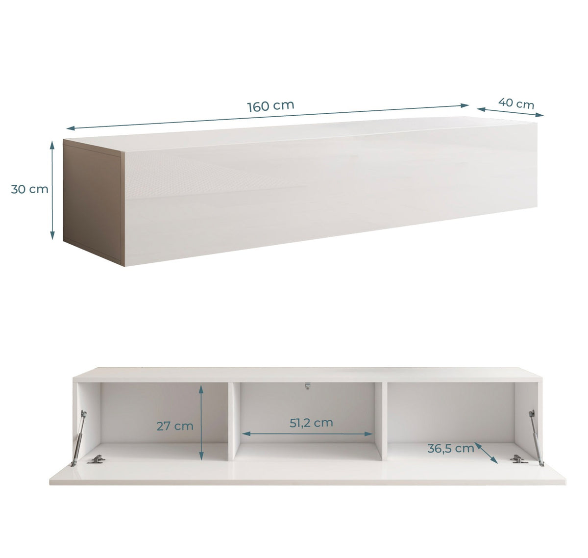 Móvel de TV suspenso com portas em alto brilho branco 160x40x30 cm — foto 1