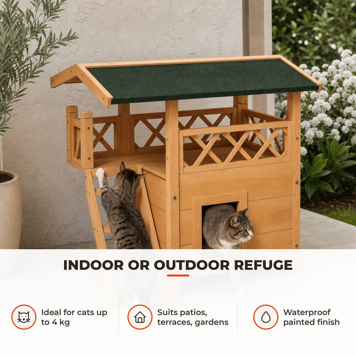 Casa para Gatos de Madeira 77x50x73 cm Casa para Gatos com 2 Níveis com Teto Asfáltico Terraço Cercado Caverna e Escada para Interior e Exterior Madeira — Utilização | How to use
