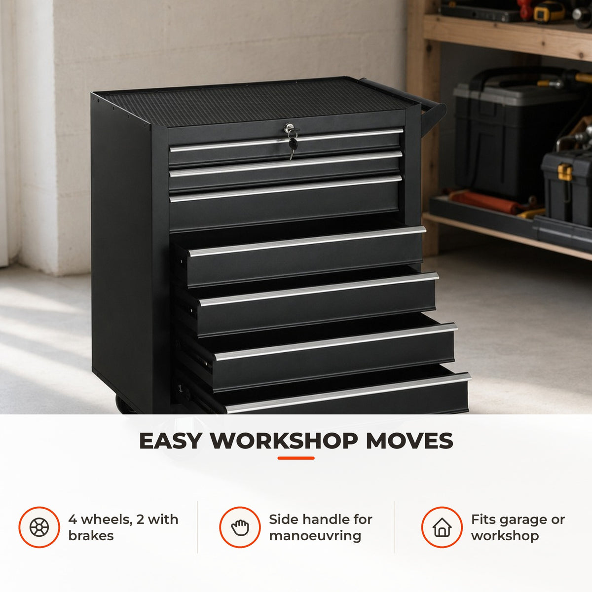 Carrinho de Ferramentas com 7 Gavetas Rodas Trava Armário de Armazenamento para Oficina de Garagem e Chapa de Aço 69x33x75 cm Preto — Utilização | How to use
