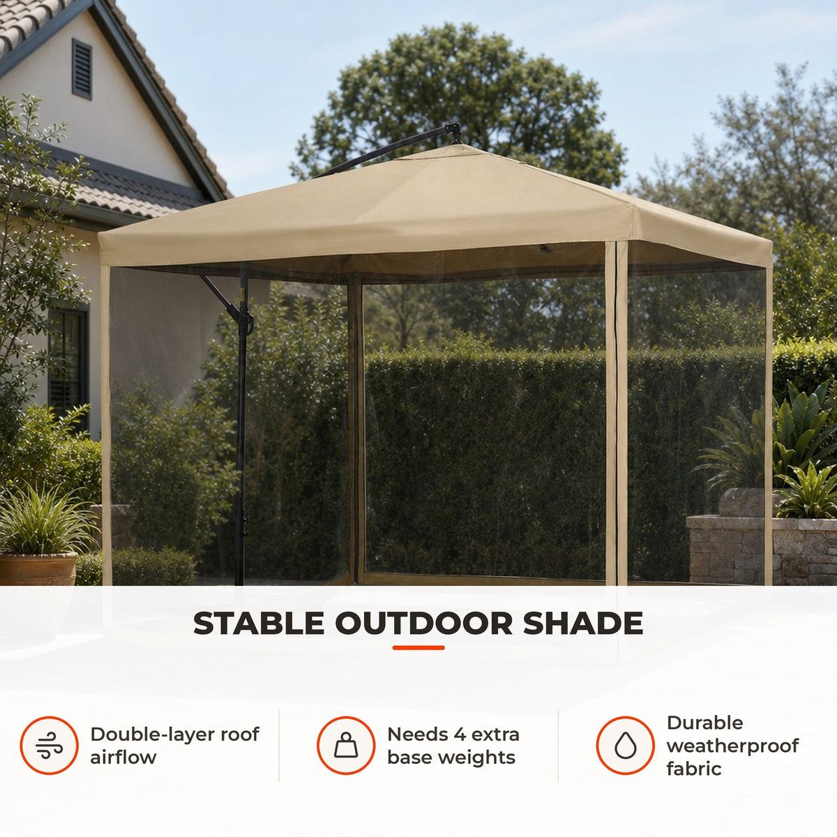 Chapéu de Sol de Jardim 295x295x260 cm Chapéu de Sol Excêntrico com Rede Mosquiteira manivela Base Cruzada e Suporte de Aço para varanda Pátio Exterior Bege — Utilização | How to use
