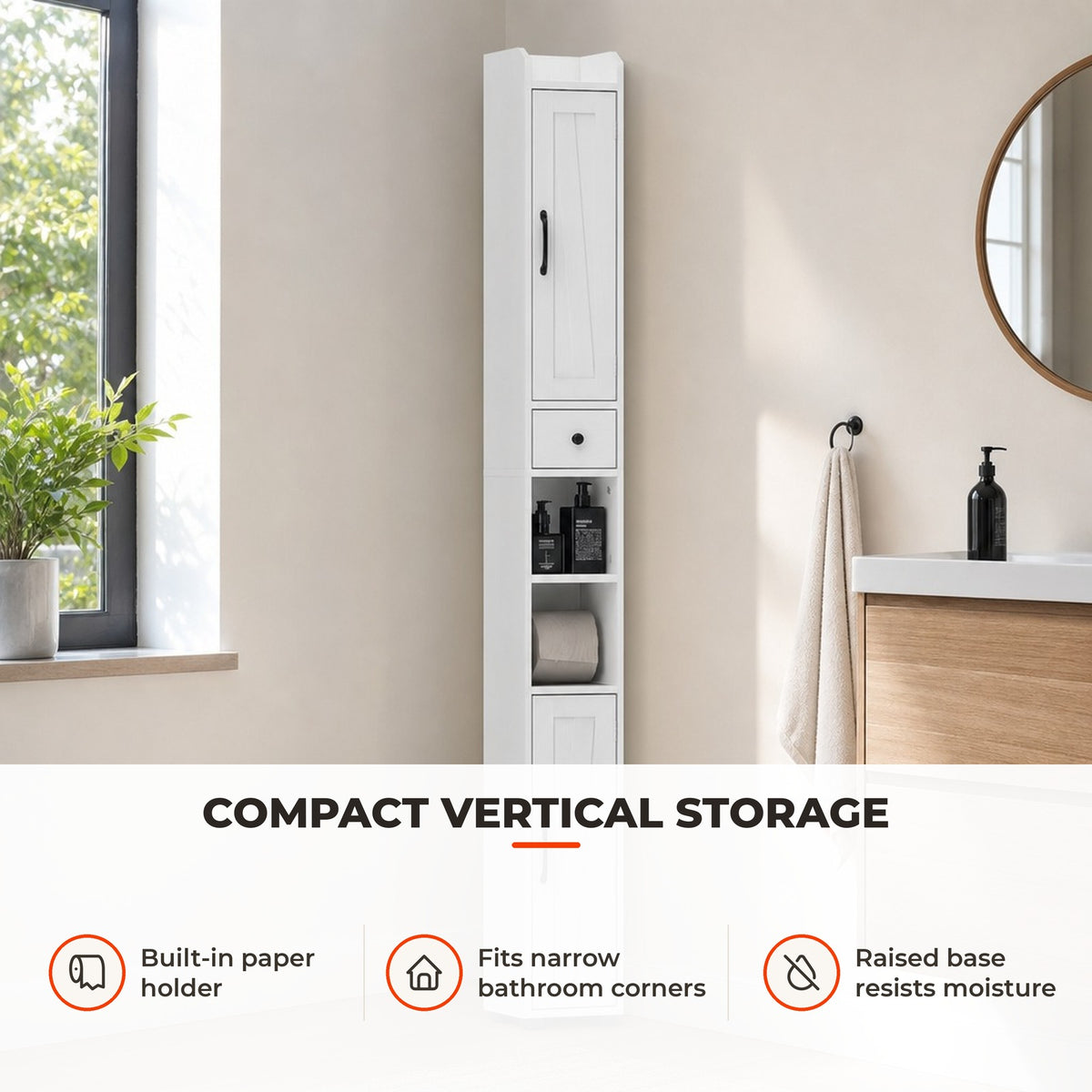Coluna Casa de Banho Móvel Casa de Banho com 2 Portas gaveta Compartimento Aberto Prateleiras Ajustáveis e Suporte para Papel Higiênico Armário Casa de Banho Rústico 20x20x185 cm — Utilização | How to use
