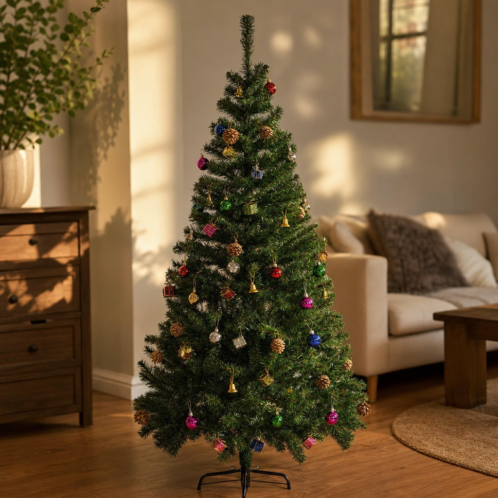 Árvore de Natal Artificial 150cm Ignífugo com 420 Ramos 48 Decorações Folhas de PVC e Suporte Metálico Decoração de Natal para Interior Verde — Ambiente | Lifestyle