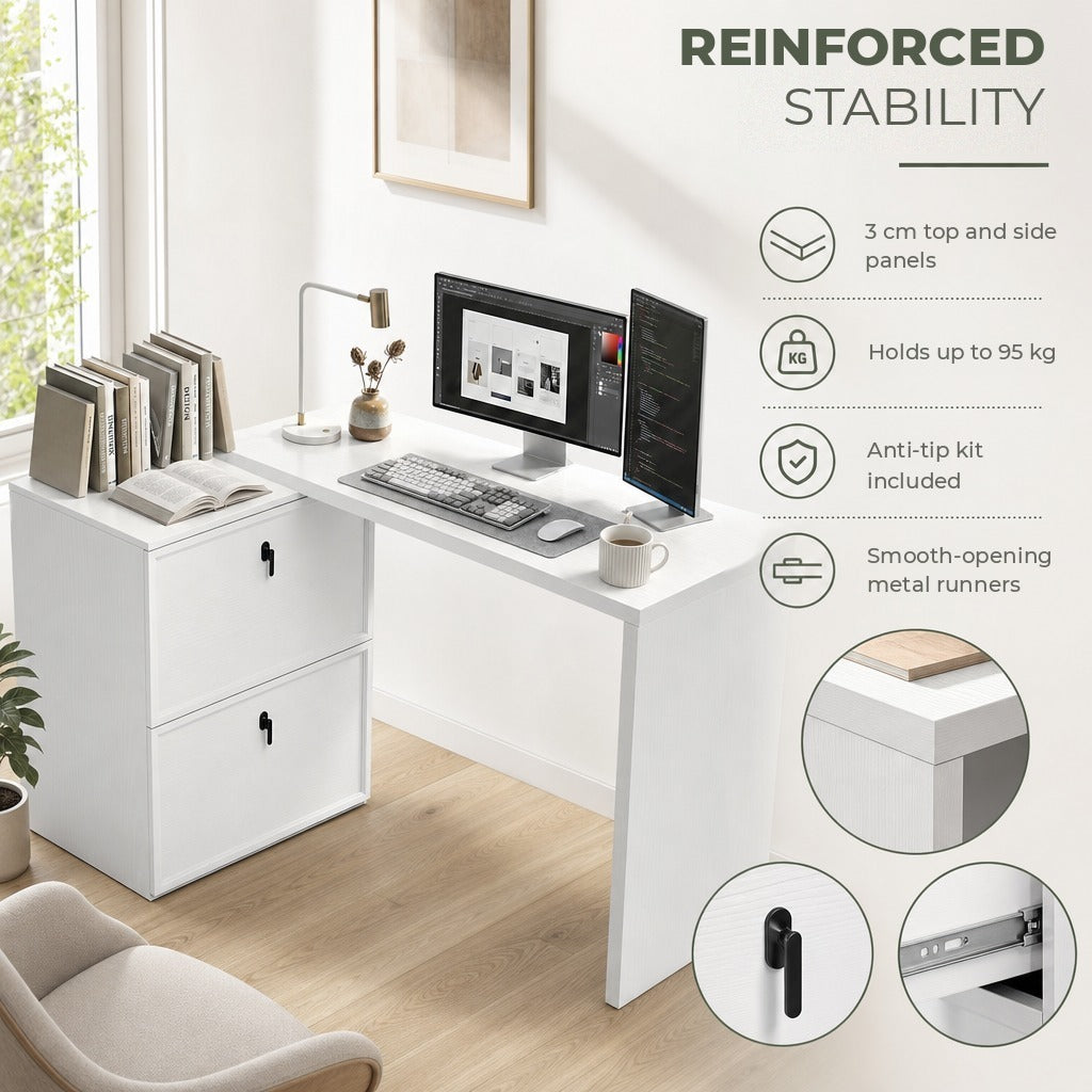 Secretária Reversível em Forma de L, Secretária de Canto com 2 Gavetas Arquivadoras A4, Design Moderno para Espaços Pequenos, Escritório em Casa, Branco — Características | Features
