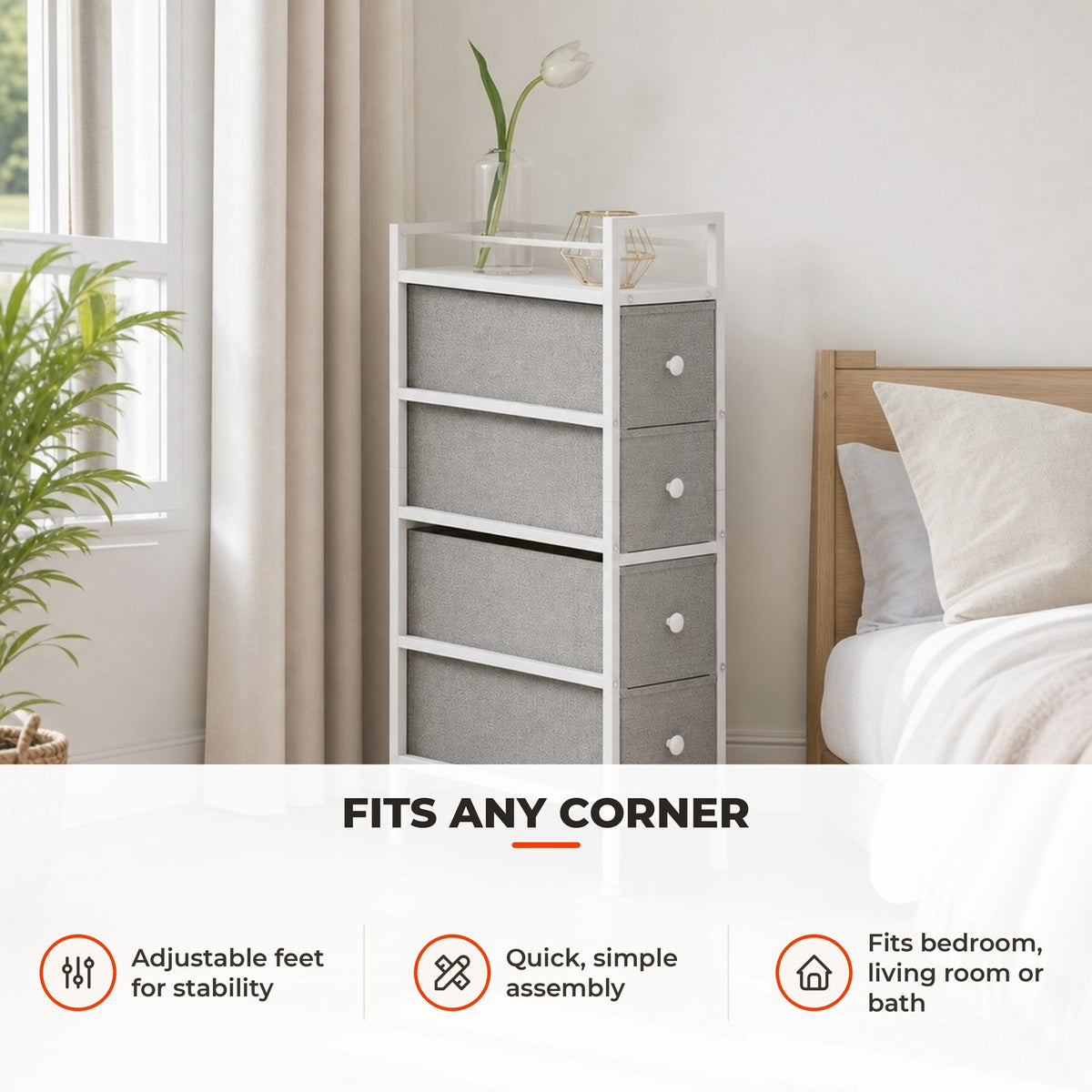 Móvel de Arrumação Estreito com 4 Gavetas de Tecido Cómoda para Quarto Estreita com Estrutura de Aço para Espaços Pequenos Sala de Estar Closet Casa de Banho 20x43x81,5 cm — Utilização | How to use