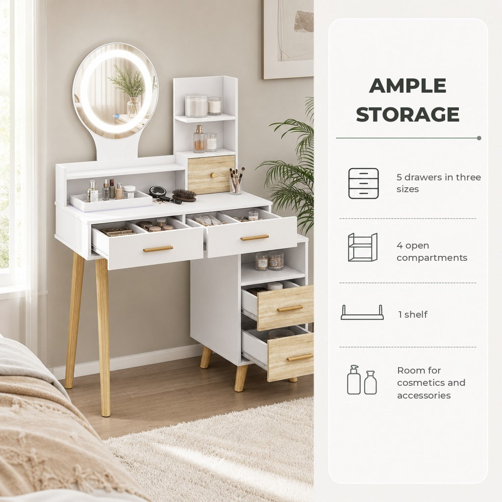 Toucador com Espelho e Luzes LED Ajustáveis Mesa de Maquilhagem Moderna com 5 Gavetas 4 Compartimentos e 1 Prateleira 100x44x137 cm Branco e Madeira — Características | Features