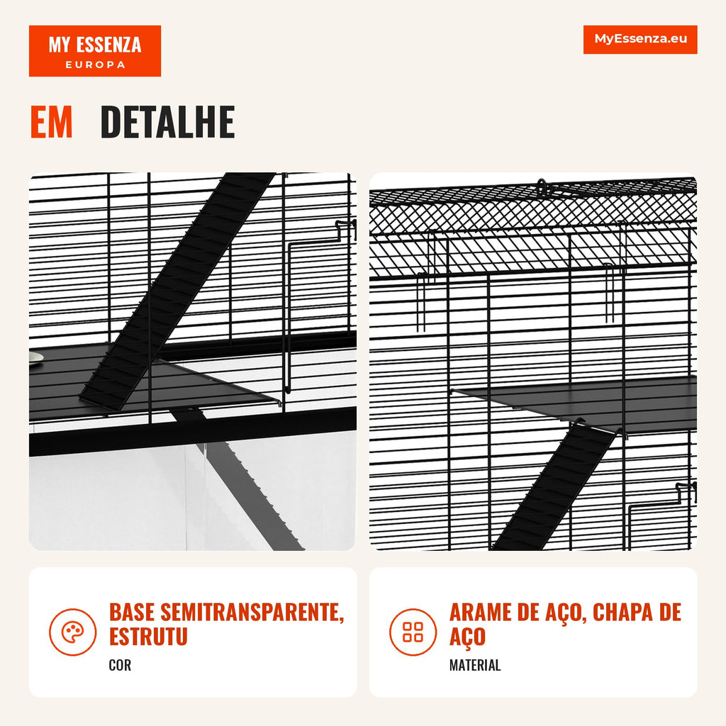 Gaiola para Hamster com Base Funda, Plataforma, Comedouro, Bebedouro, Rampa e Rodas 57x43x74 cm Preto — infografia 4