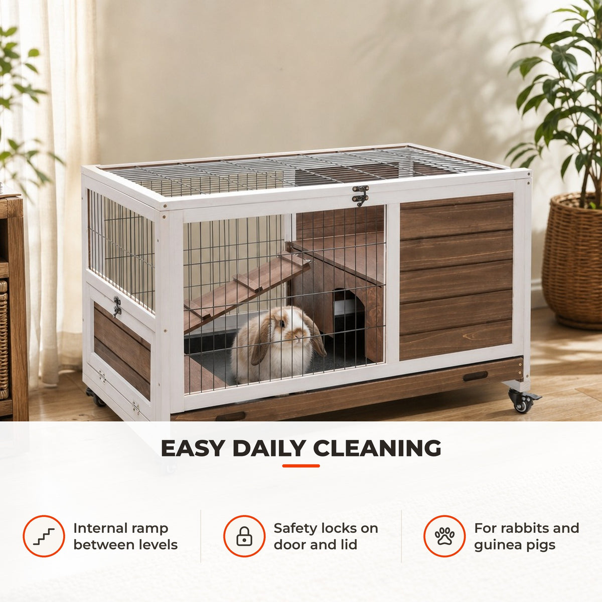 Coelheira de Madeira Gaiola de para Pequenos Animais Portátil com Teto Abatível Rampa Bandeja Removível para Coelhos da Índia 90x53x59cm Marrom — Utilização | How to use