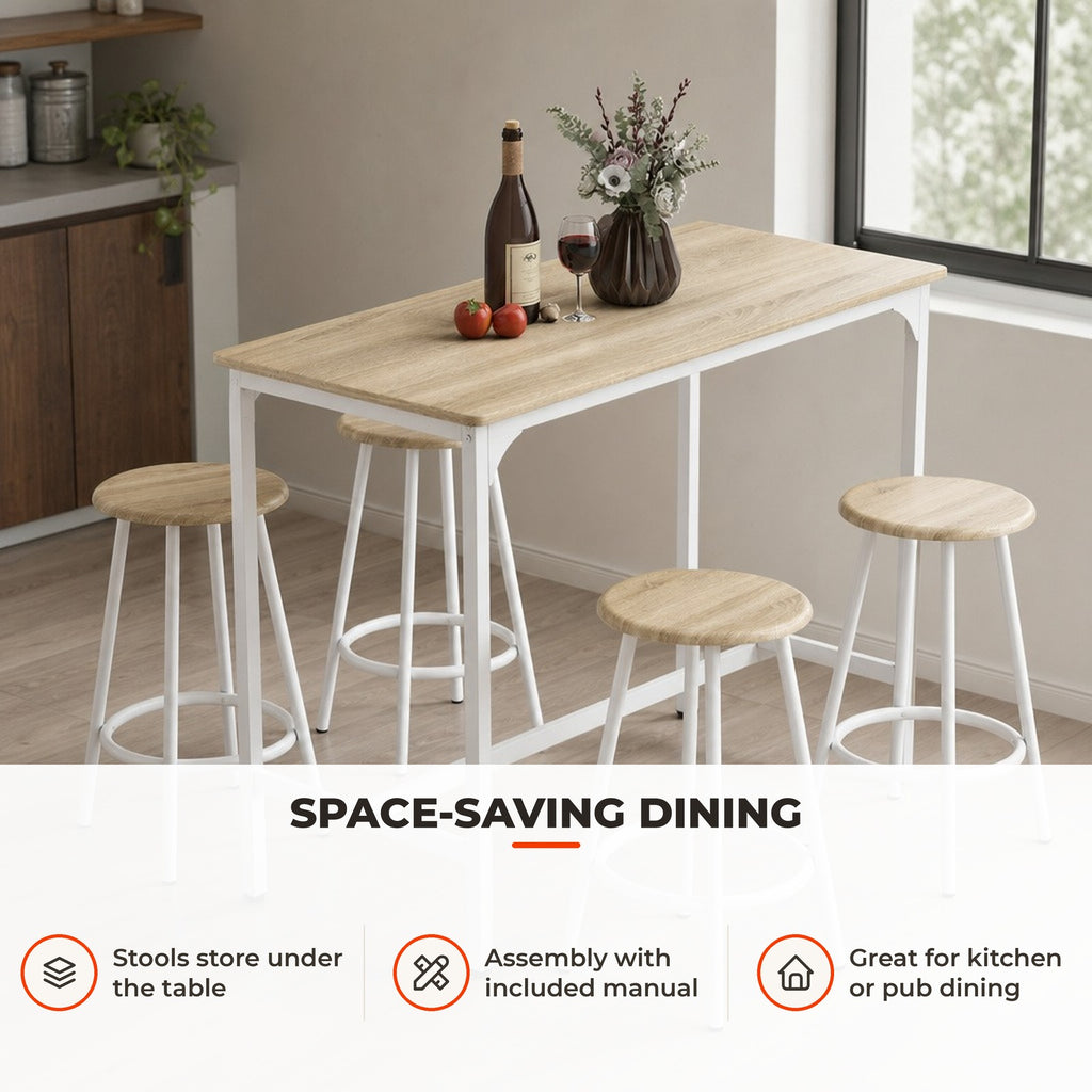 Conjunto de Móveis Altos Mesa e Cadeiras de Bar com 5 Peças Mesa de Refeição Industrial e 4 Bancos Redondos com Estrutura de Metal para Pub Sala de Jantar Madeira e Branco — Utilização | How to use