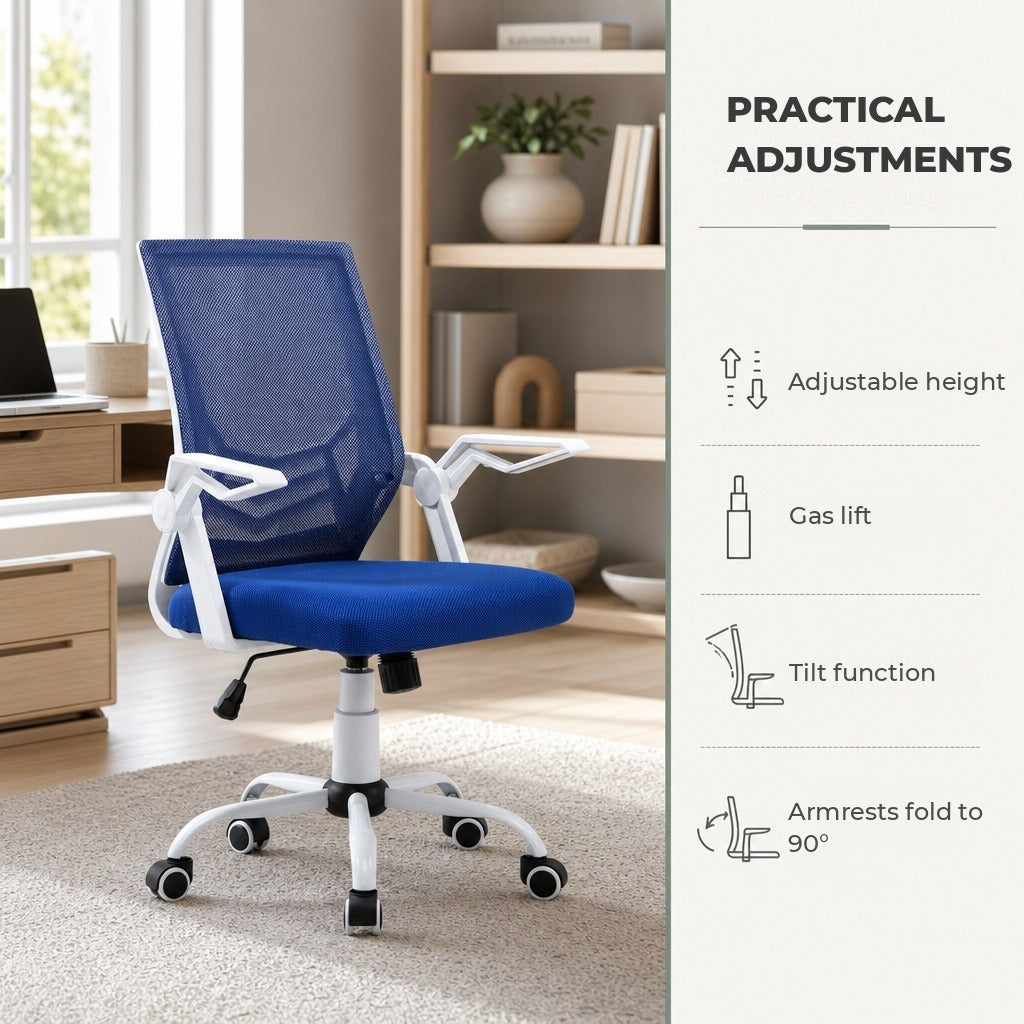 Cadeira de Escritório Ergonômica Cadeira de Escritório Giratória com Altura Ajustável Apoio para os Braços Dobrável Suporte Lombar e Encosto Transpirável 62,5x55x94-104cm Azul — Características | Features