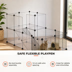 Recinto para Animais Pequenos Parque para Animais de Estimação com 27 Painéis e Forma Personalizável para Coelhos Chinchilas 140x70x70 cm Transparente e Preto — Utilização | How to use