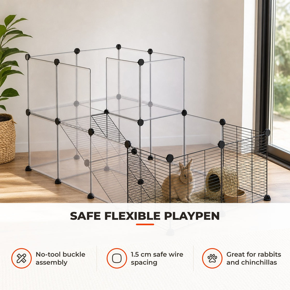 Recinto para Animais Pequenos Parque para Animais de Estimação com 27 Painéis e Forma Personalizável para Coelhos Chinchilas 140x70x70 cm Transparente e Preto — Utilização | How to use