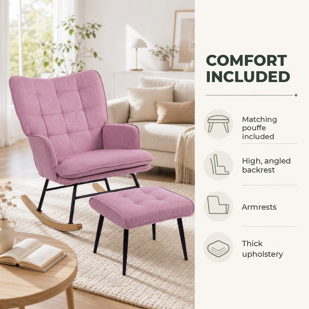 Conjunto de Poltrona Baloiço com Apoio para os Pés Poltrona Relax com Almofada Acolchoada e Anti-Tombo Carga 130 kg Sala de Estar Dormitório 64x89x90 cm Rosa — Características | Features