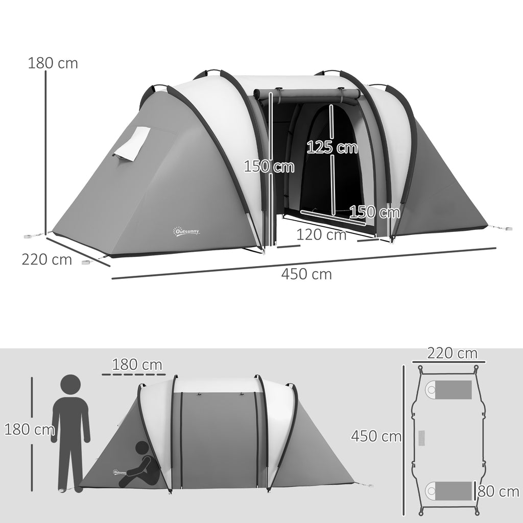 Tenda de Campismo Familiar para 4-5 Pessoas Tenda de Campismo Túnel Impermeável 3000 mm com 2 Quartos Bolsa de Transporte e Gancho Ideal para Caminhadas e Pesca Cinzento — foto 3