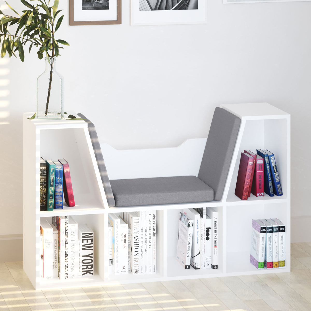 Estante Infantil com Assento Estante com 6 Cubos e Banco com Almofada 102x30x61cm Branco e Cinzento — foto 2