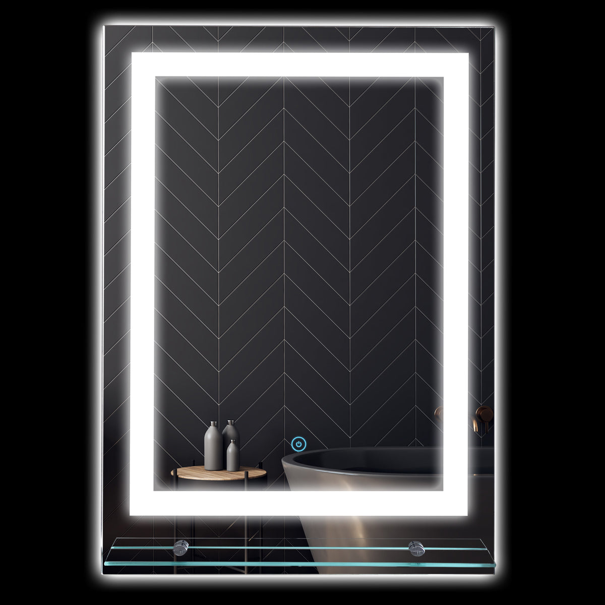 Espelho de Casa de Banho com Luzes LED 70x50 cm, Espelho para Casa de Banho com Moldura de Alumínio, Interruptor Tátil e Prateleira de Vidro para Sala de Estar, Entrada, Prata. — foto 1