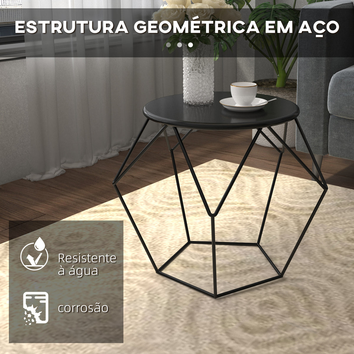 Mesa de Centro de Metal Estilo Moderna Mesa de Apoio Redonda para Sala de Estar Escritório 51x51x44 cm Preto — foto 4