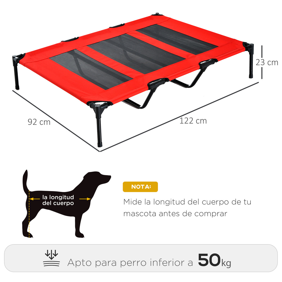 Cama para Animais de Estimação Cama Elevada para Cães Gatos com Tecido Transpirável para Dormir Relaxar Exterior Jardim Terraço 122x92x23cm Vermelho — foto 3