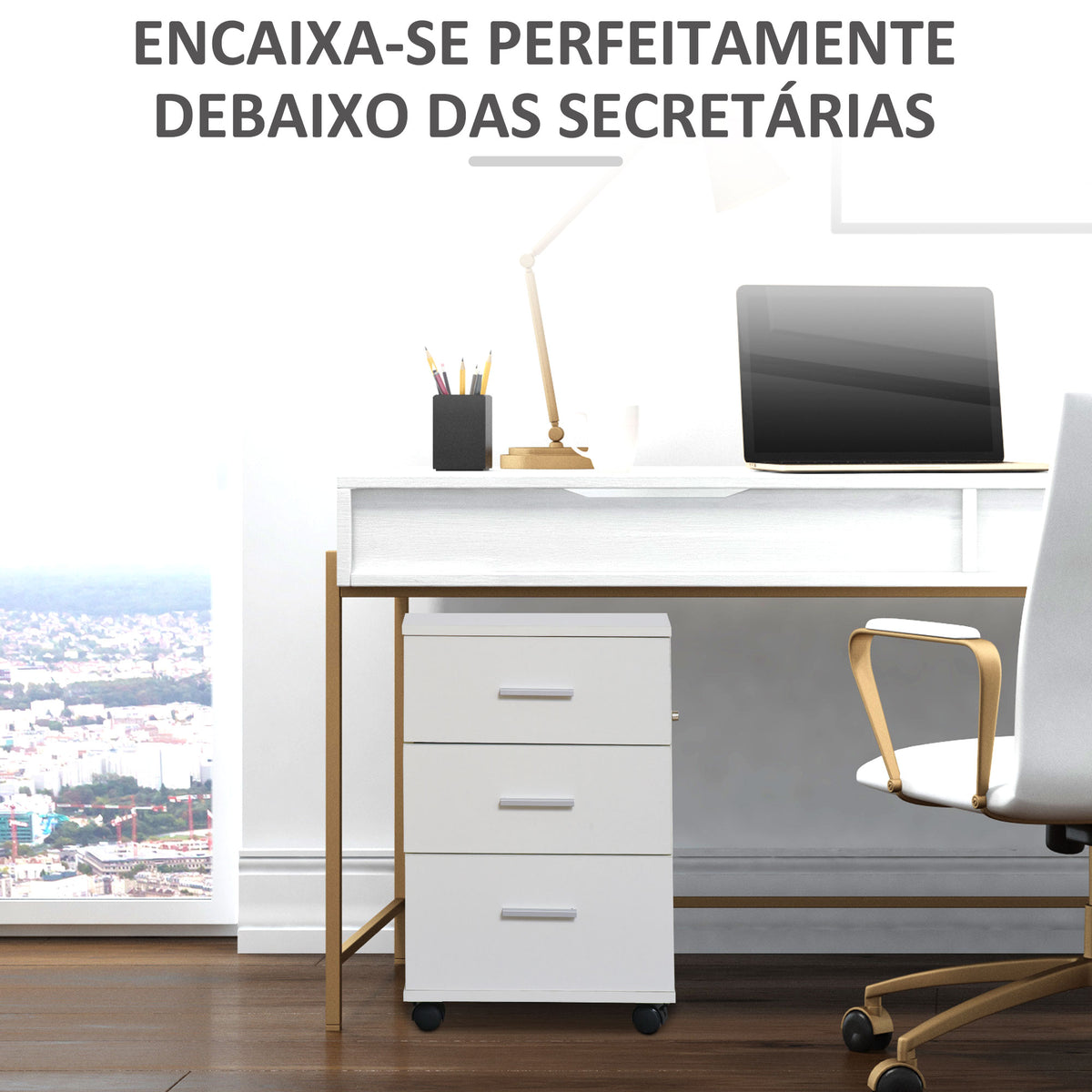 Bloco de Gavetas para Escritório Móvel de Arquivos com 3 Gavetas 4 Rodas e Fechadura com 2 Chaves para Escritório Secretária Casa 40x40x61,5 cm Branco — foto 5
