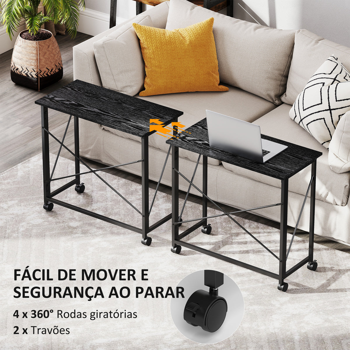 Secretária Dobrável com Rodas Mesa de Secretária Compacta Mesa para Computador Portátil para Casa Escritório Espaços Pequenos 80x40x75 cm Preto — foto 5