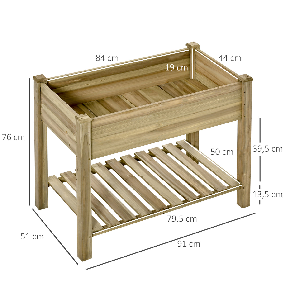 Horta Urbana de Madeira com Prateleira Mesa de Cultivo Retangular com Orifícios de Drenagem para Cultivos Plantas Jardim Terraço Exterior Carga 80 kg 91x51x76 cm Natural — foto 3