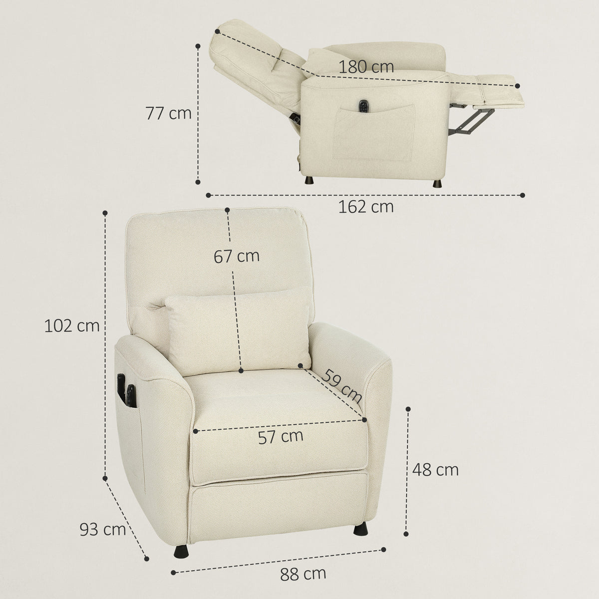 Poltrona de Massagem Relax com Aquecimento Lombar e Massagem por Vibração Poltrona Reclinável Elétrica Motor Silencioso Função de Memória Bolsos Laterais Controle Remoto 88x93x102 cm Creme — foto 3