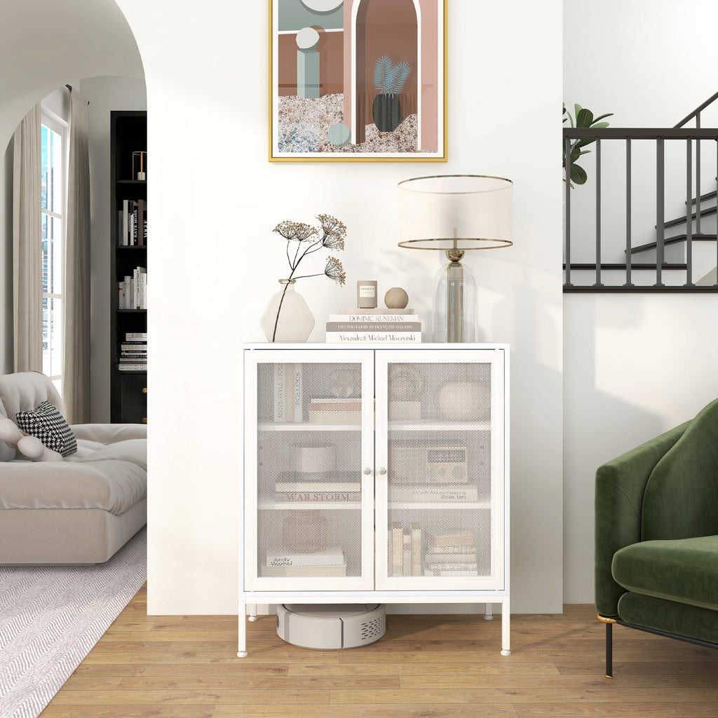 Aparador de 3 Níveis Móvel Auxiliar com Portas de Malha e Prateleira Ajustável Aparador de Cozinha Moderno para Sala 80x37x92 cm Branco — foto 8