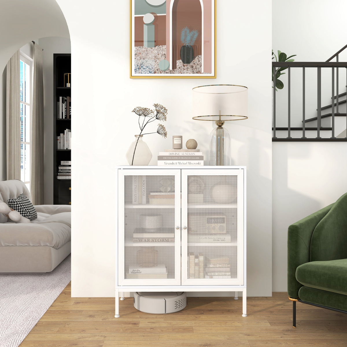 Aparador de 3 Níveis Móvel Auxiliar com Portas de Malha e Prateleira Ajustável Aparador de Cozinha Moderno para Sala 80x37x92 cm Branco — foto 8