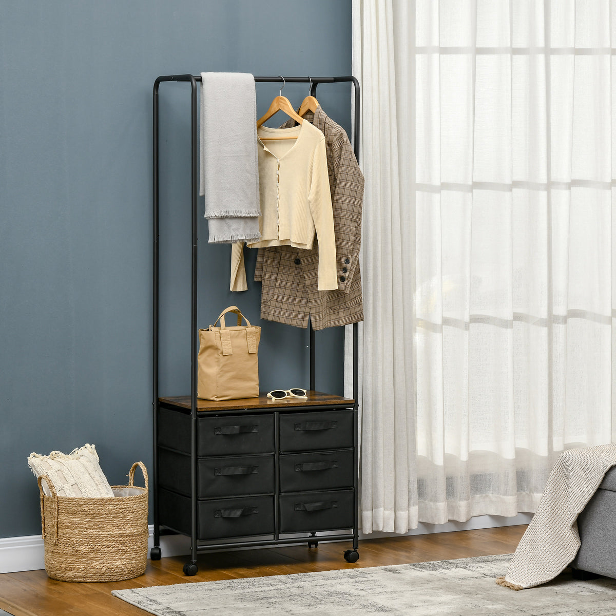 Cabideiro para Roupa com Rodas Cabideiro para Entrada com 6 Gavetas de Tecido Barra para Pendurar para Corredor Quarto Sala de Estar 63,5x40x172,5 cm Castanho Rústico — foto 2
