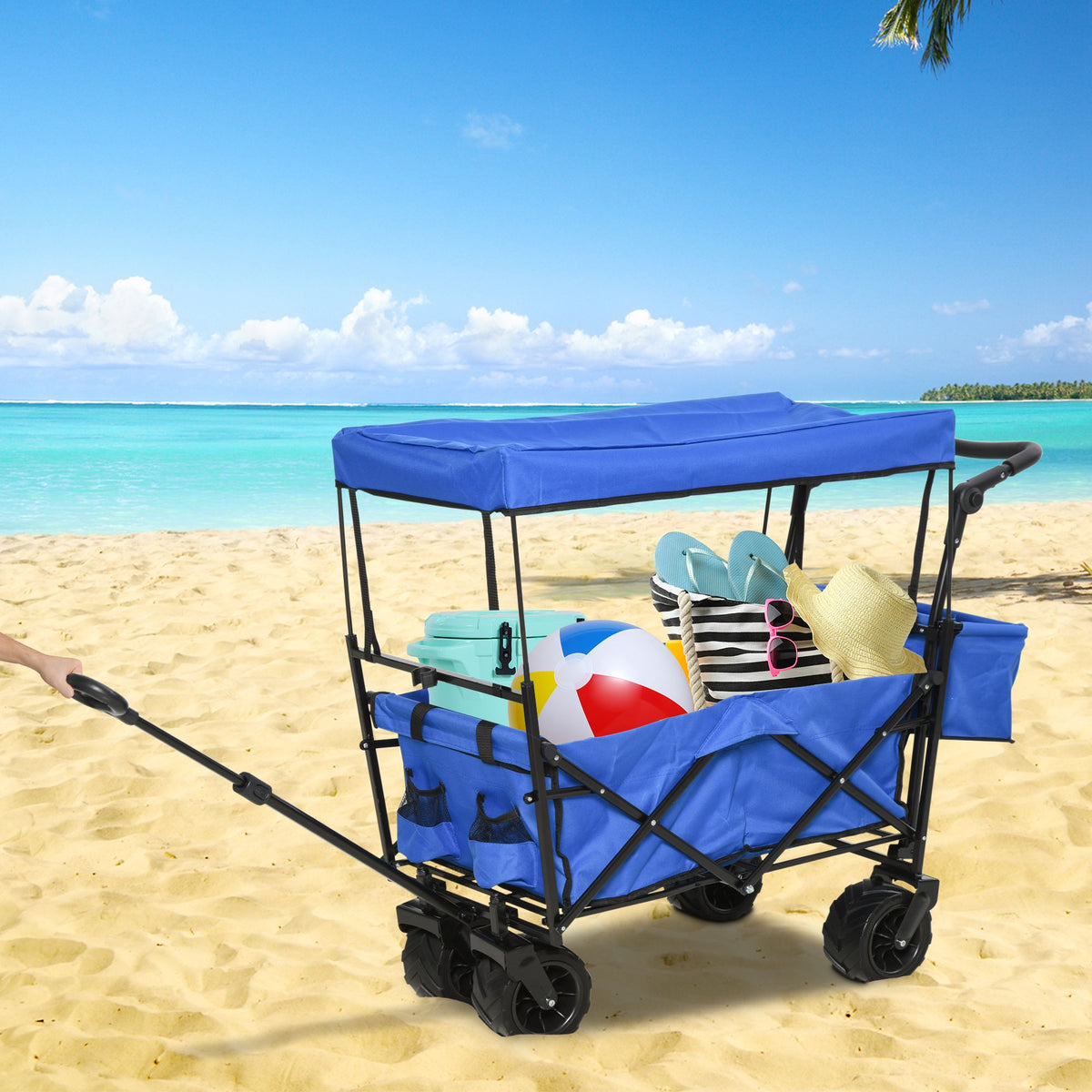Carrinho de transporte praia Camping com toldo e guidão Quatro rodas ajustáveis em altura de 110x56x101cm Cor Azul Carga máxima 100kg — foto 2