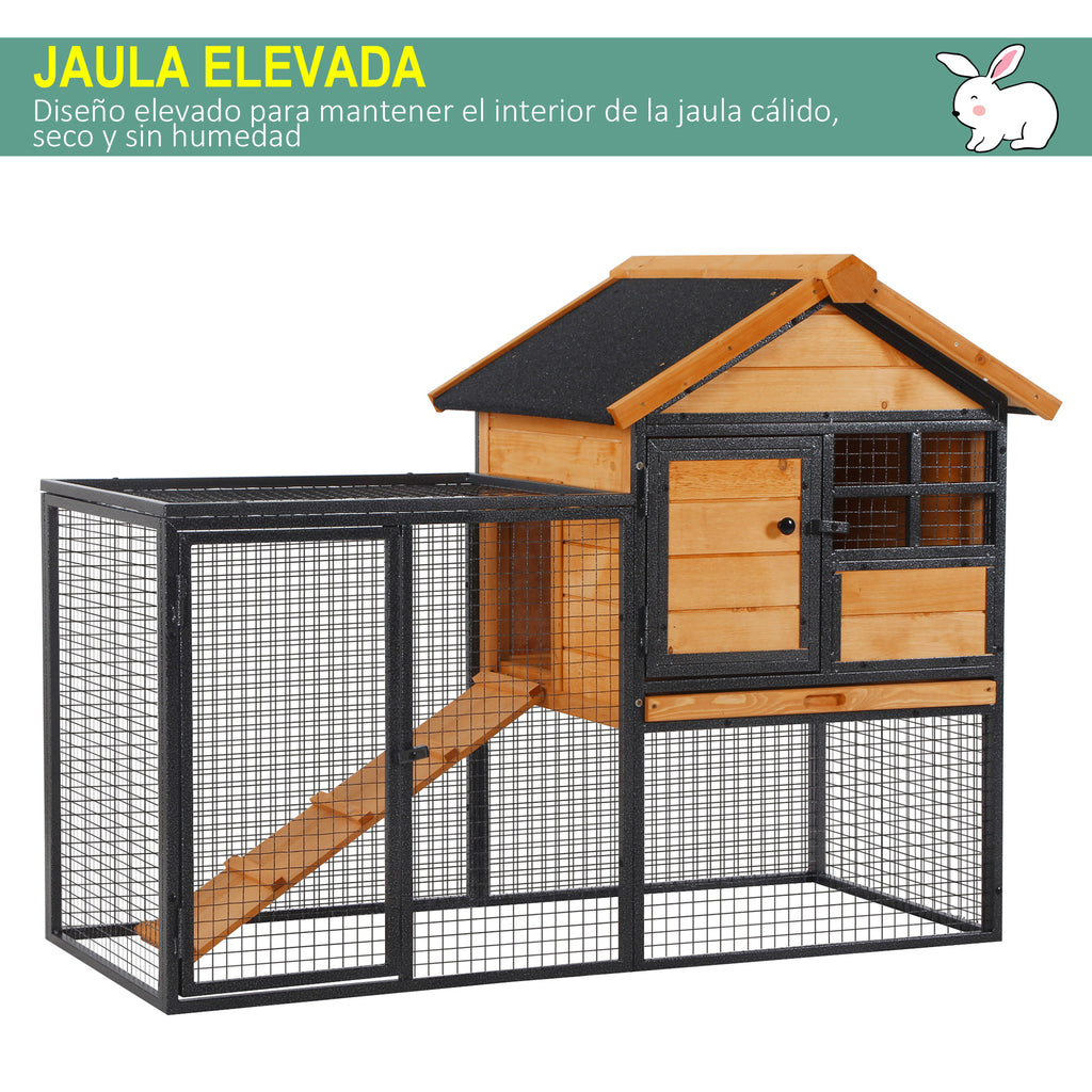 Coelheira Gaiola externa para pequenos animais de estimação 2 níveis com bandeja removível de madeira e rampa de metal 122x63x92 cm para coelhos cobaios de madeira e cinza — foto 4