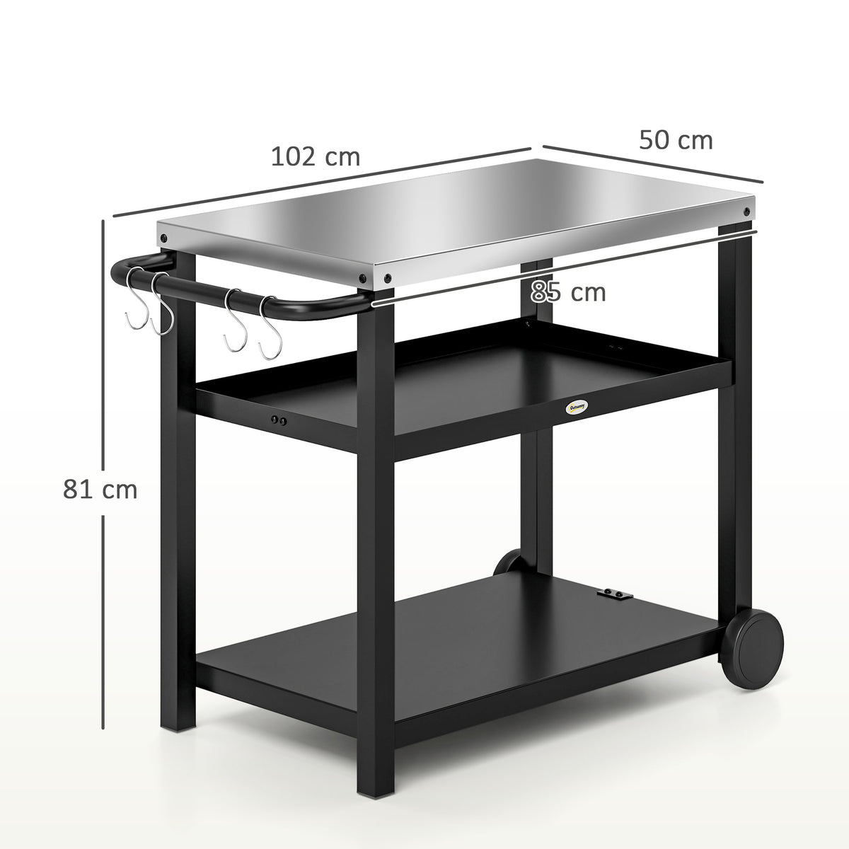 Carrinho de Barbecue de 3 Níveis Carrinho de Serviço com 2 Rodas Prateleiras Bancada em Aço Inoxidável e Alça Mesa para Forno de Pizza para Jardim e Pátio 102x50x81 cm Cinza Carvão — foto 3