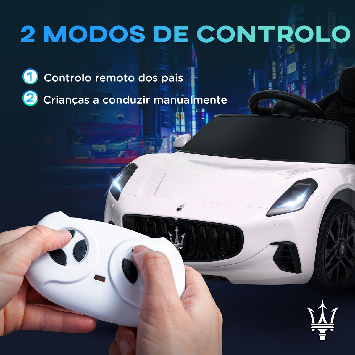 Carro Elétrico para Crianças acima de 3 Anos Carro Maserati Gran Turismo Folgore Carro Elétrico com Bateria 12V Controlo Remoto Faróis Buzina e Música MP3 98x59x43 cm Branco — foto 5