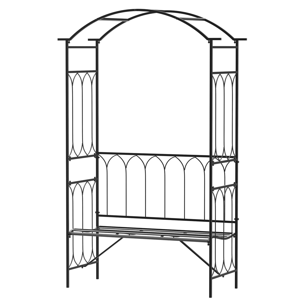 Arco de jardim com banco de metal suporte para plantas trepadeiras e rosas para terraço de pátio 115x50x203 cm Preto — foto 1