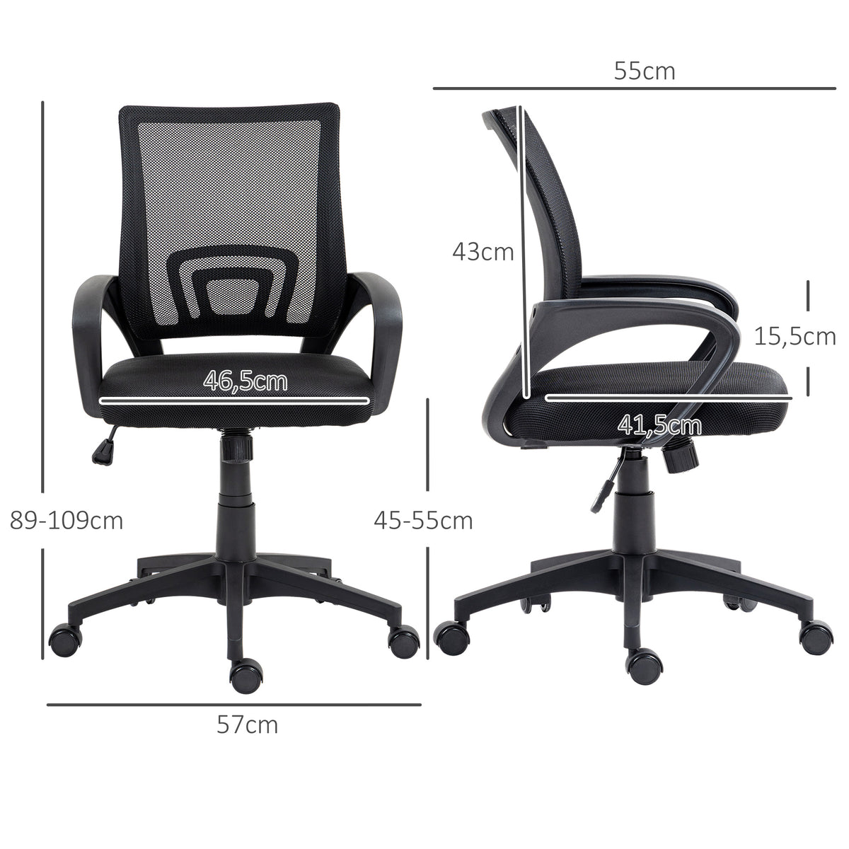 Cadeira de Escritório de Malha Cadeira de Escritório Giratória com Altura Ajustável Função Basculante e Apoio para os Braços Cadeira de Estúdio Carga 120 kg 57x55x89-109 cm Preto — foto 3