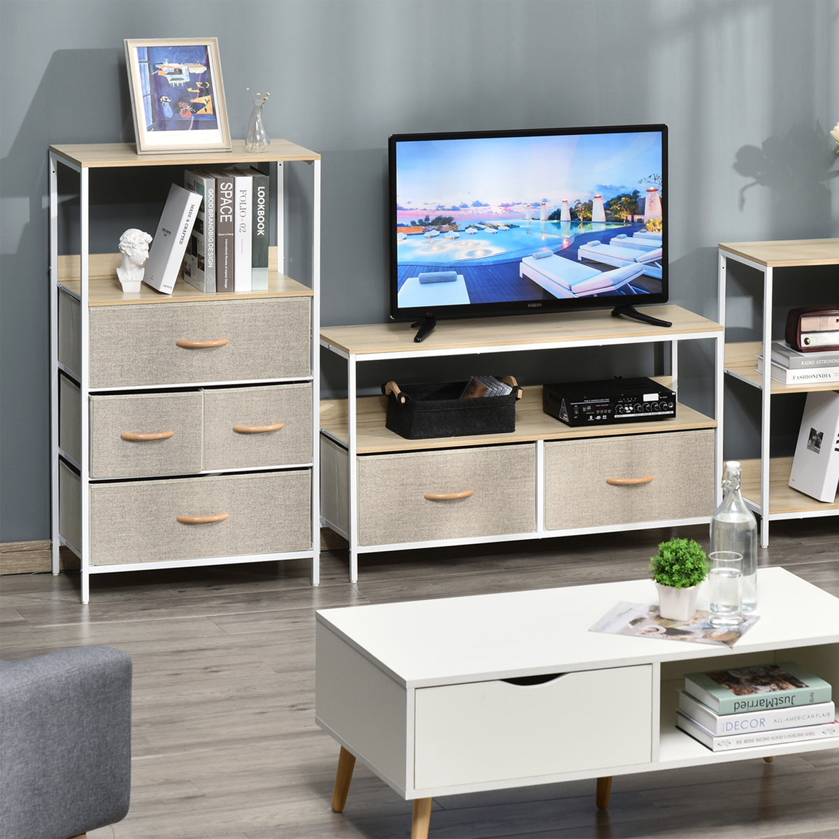 Cómoda com 4 Gavetas Dobráveis e Prateleira Aberta Cómoda com Gavetas de Tecido para Escritório Dormitórios Estilo Industrial Anti-Tombo 58x29x103cm Madeira e Cinza Claro — foto 2