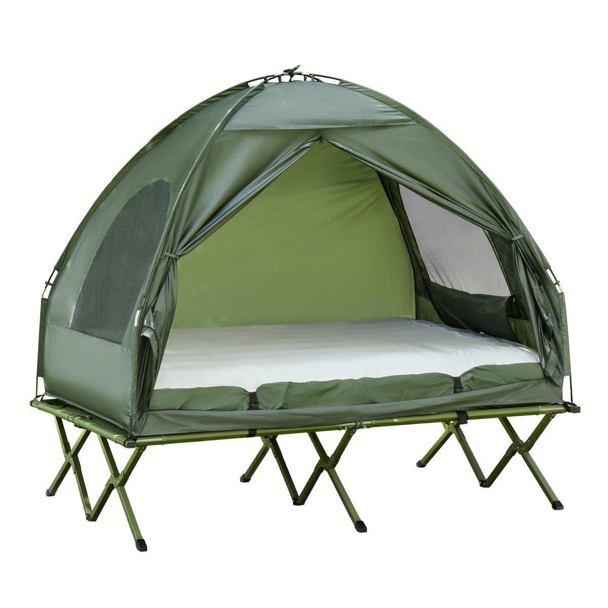 Cama Dupla de Campismo Dobrável com Tenda 2 em 1 Cama de Campismo Elevada com Colchão Inflável e Bolsa de Transporte Tecido Oxford Aço 193x145x180cm Verde — foto 1