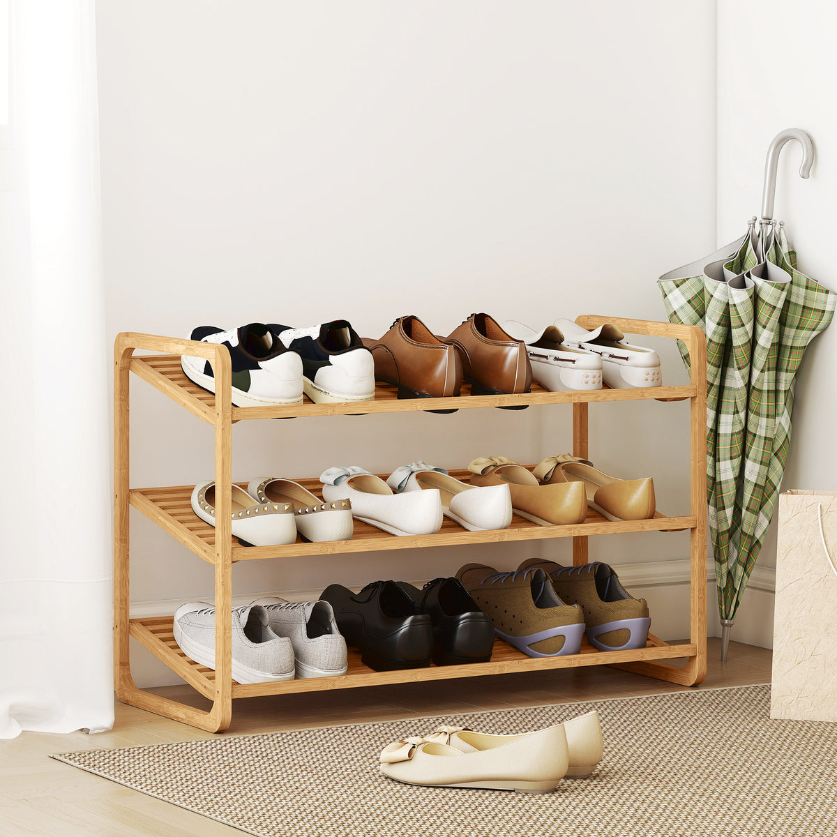Sapateira de 3 Níveis Estante para Sapatos em Bambu para 12 Pares de Sapatos Estante para Entrada Corredor Quarto 76x33x50,8 cm Madeira — foto 2