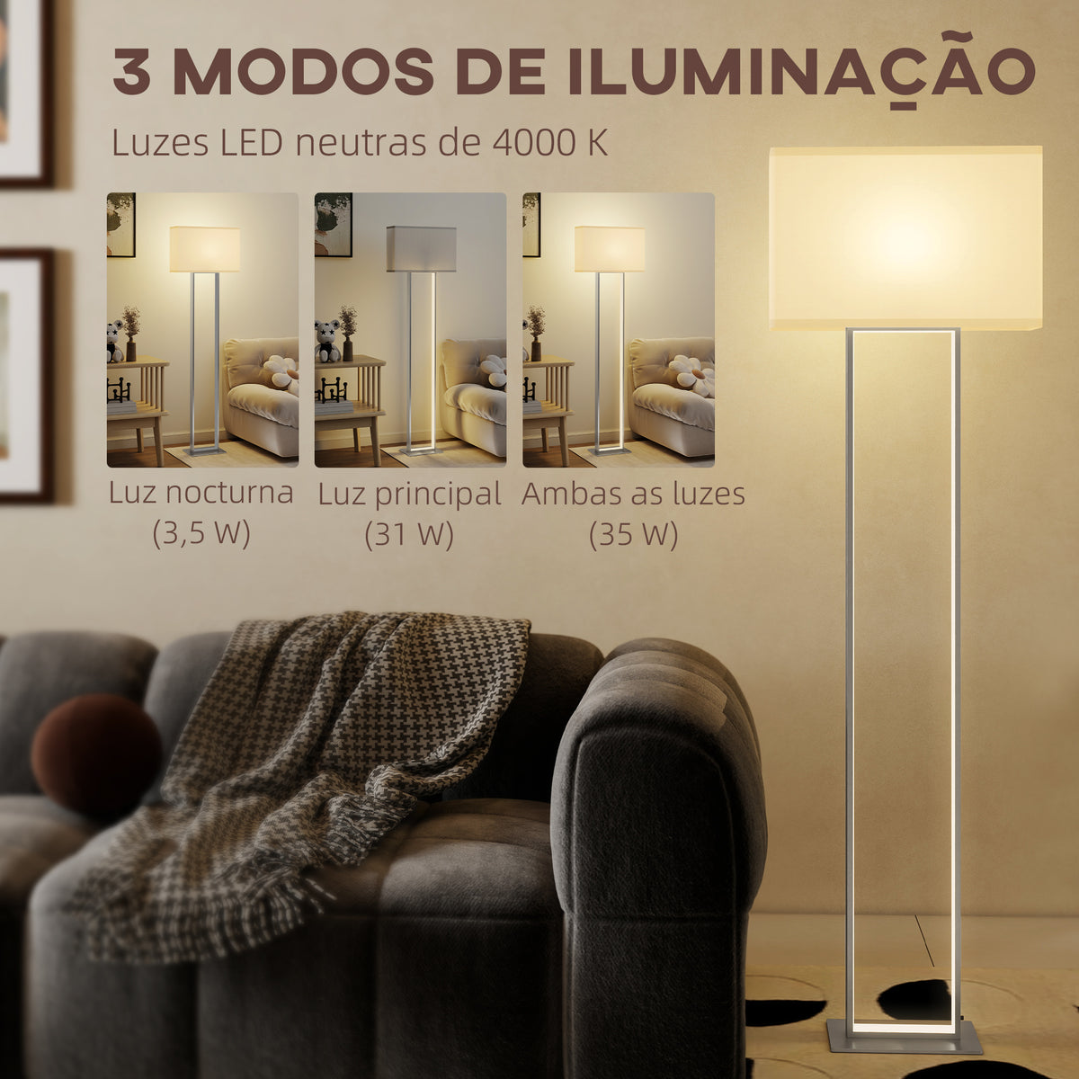 Candeeiro de Pé Moderno 150 cm Candeeiro de Pé para Sala de Estar com Ecrã de Tecido Luz Noturna Interruptor de Pé e Base Metálica para Dormitório Escritório Sala de Estar 45x15x150 cm Branco — foto 5