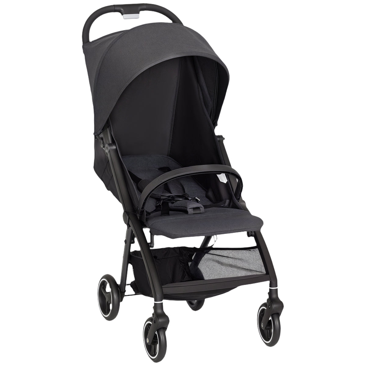 Carrinho de Bebé Dobrável com Encosto Reclinável Apoio para os Pés Ajustável Capota Cesto e Arnês de 5 Pontos Carga Máxima 15 kg 80x46x106 cm Cinza Escuro — foto 1