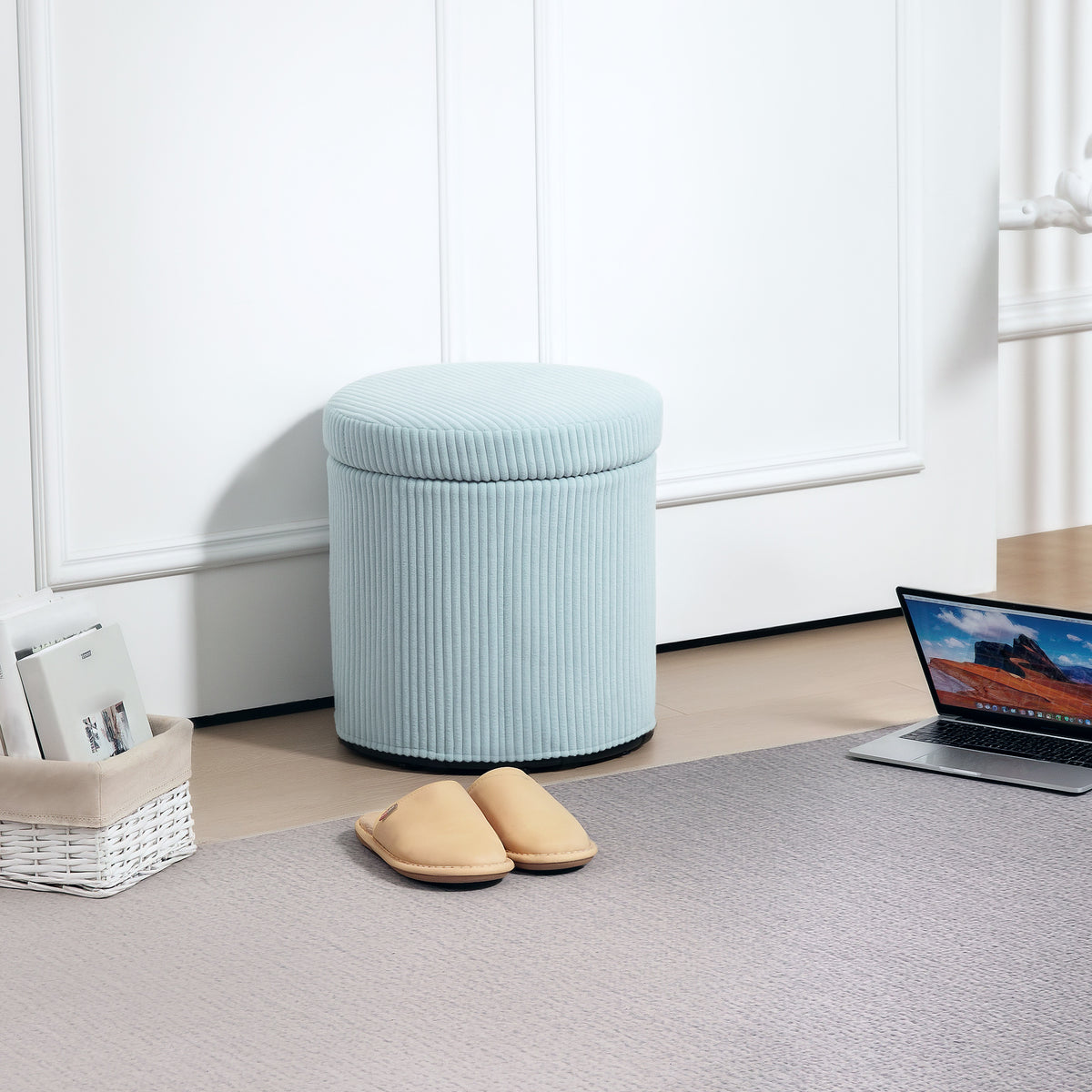 Puff de Arrumação Baú de Arrumação Redondo Estofado em Veludo Cotelê Assento Acolchoado Tampa Removível para Corredor Quarto Sala Ø40x41 cm Azul Claro — foto 2